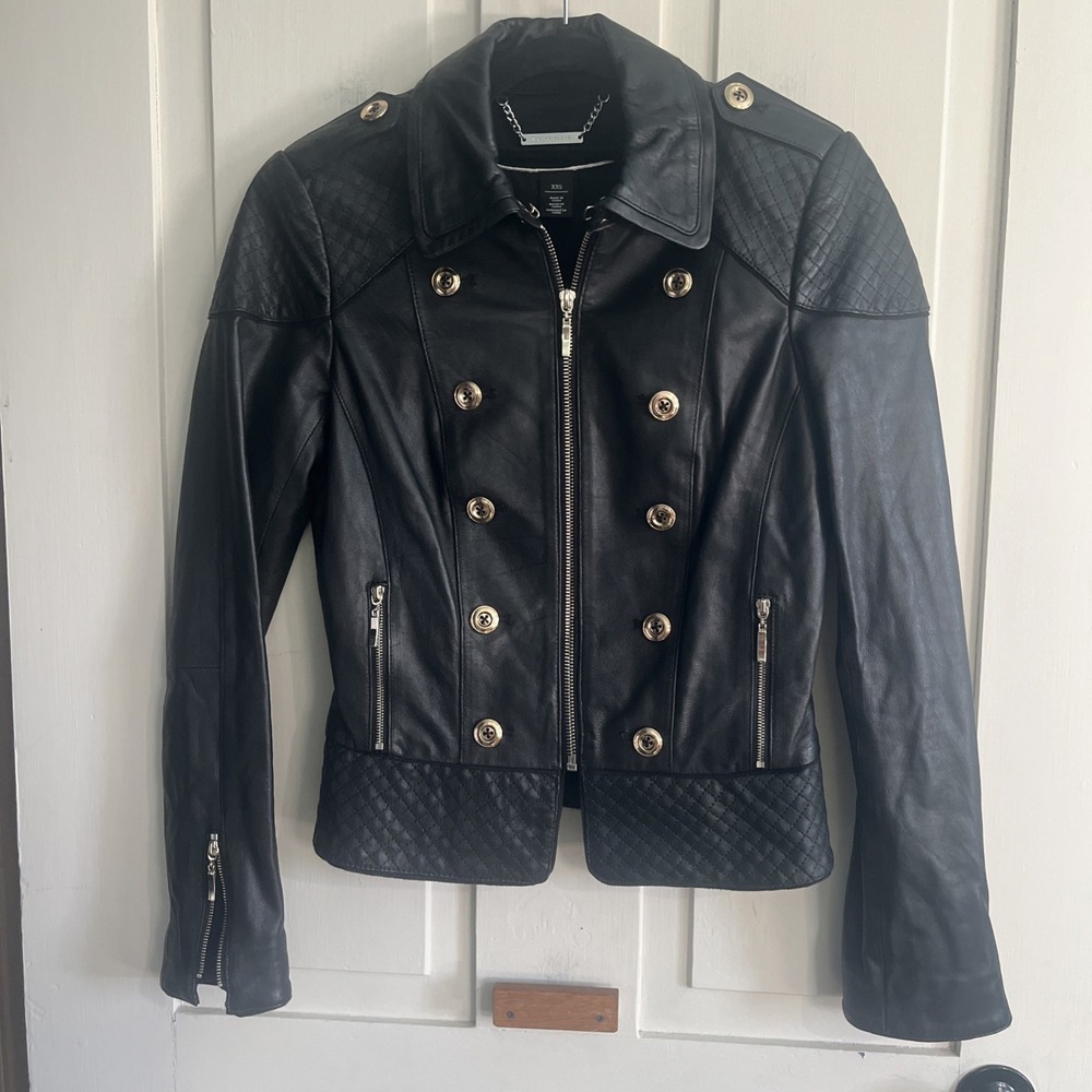 Black | White Black Quilted Leather Moto Jacket XXS Black Designer Button Zip